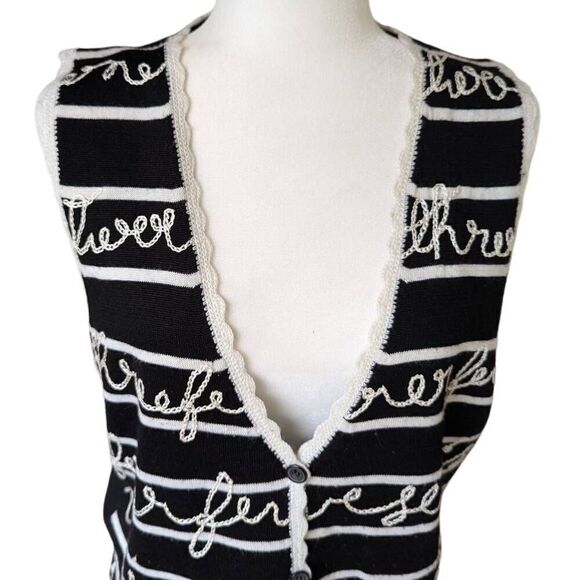 Vintage Koret Sweater Vest Size S Black Striped Crocheted Cursive Cottage Wool - Picture 3 of 7